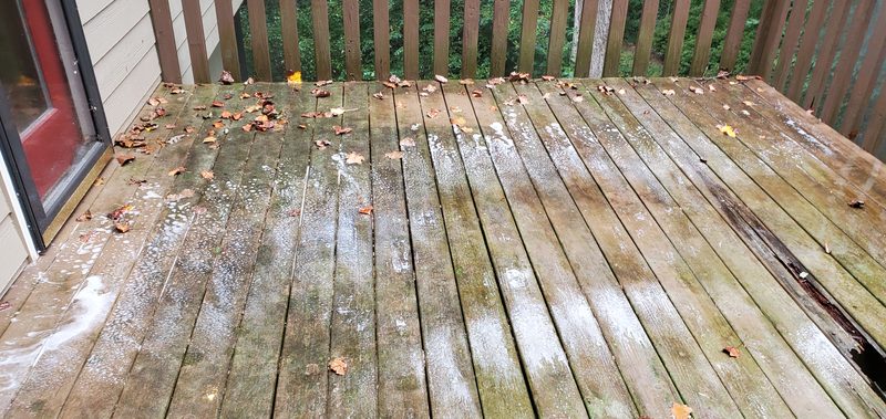 Weathered wooden deck with mildew and leaves before work began