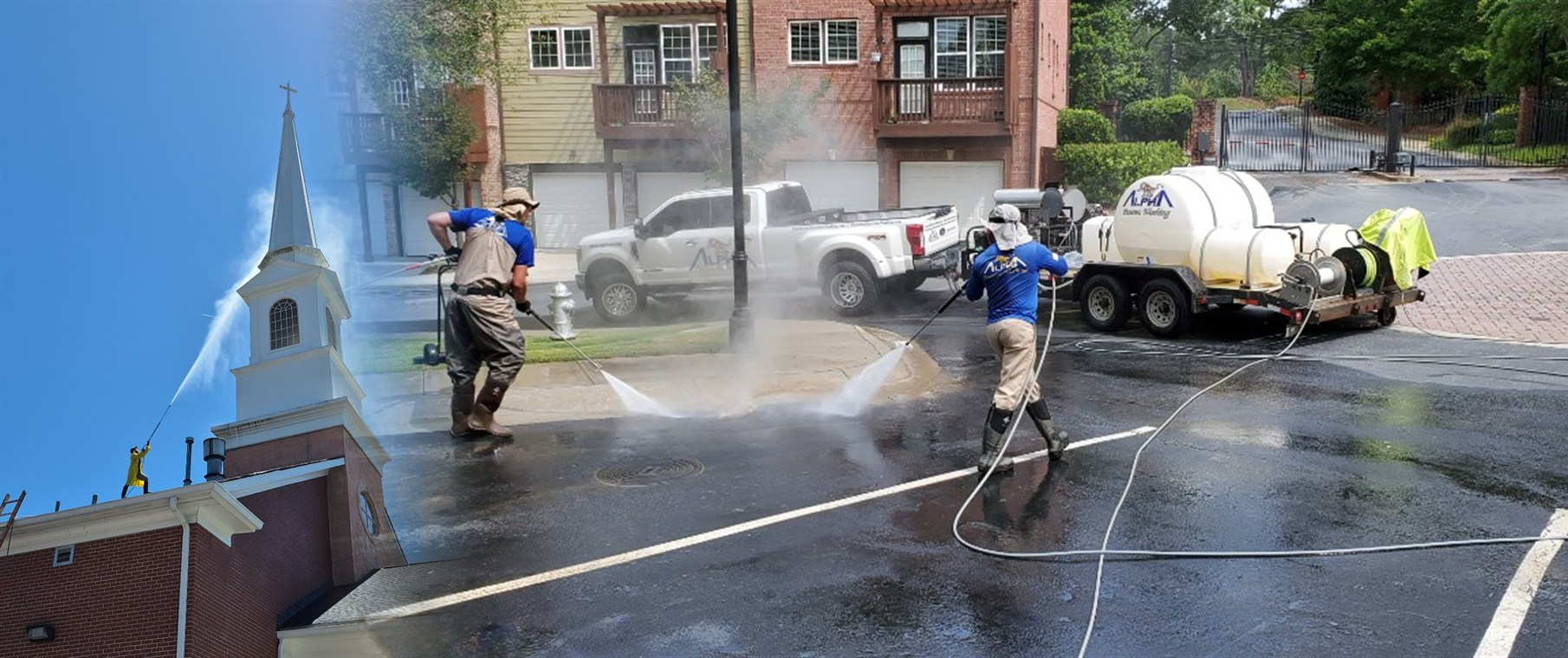 A white church with a steeple beside a pressure-washing crew in blue shirts, a dark pickup, and a trailer-mounted wash rig